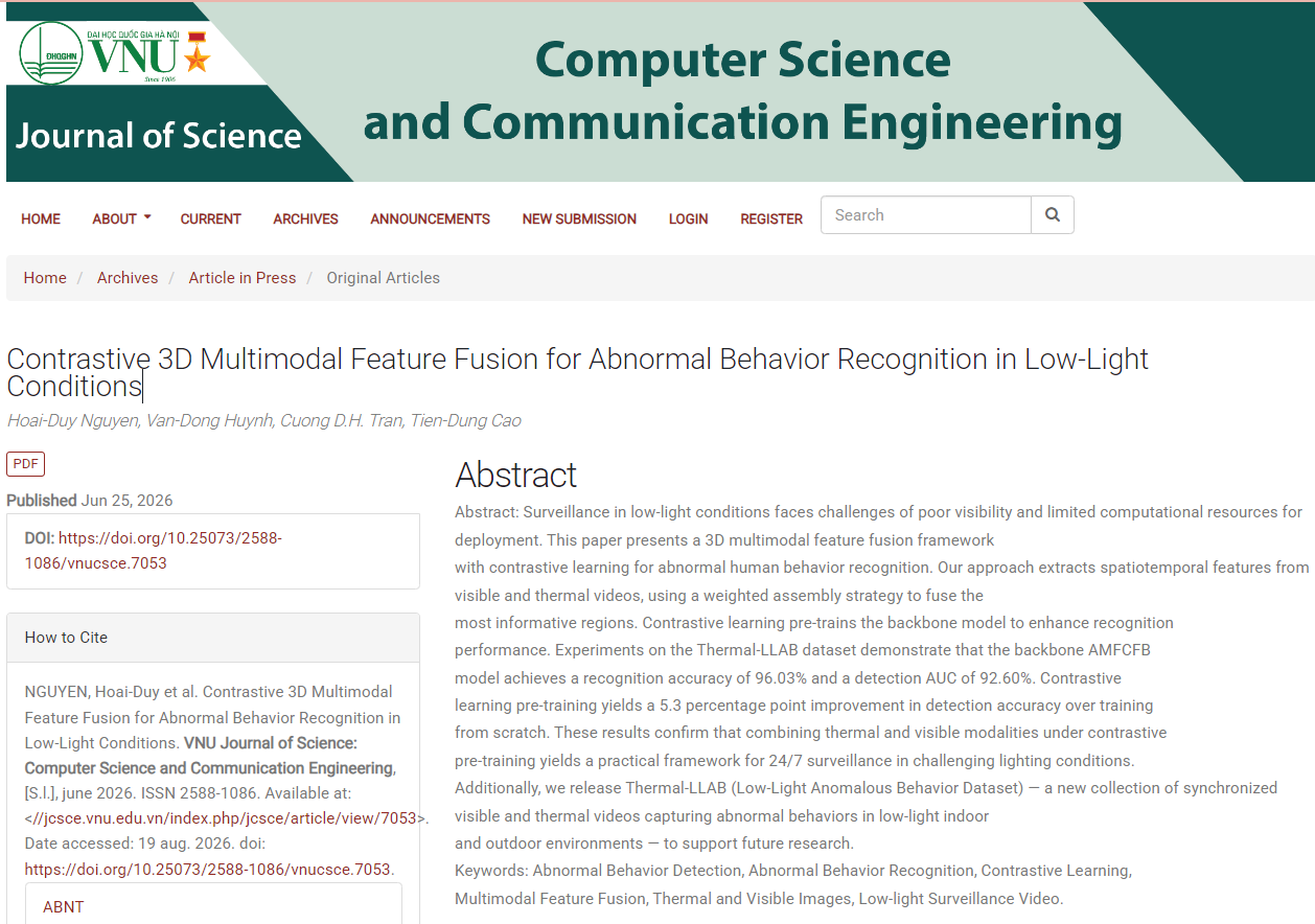 Báo cáo NCKH được đăng trên tạp chí VNU Journal of Science: Computer Science and Communication Engineering